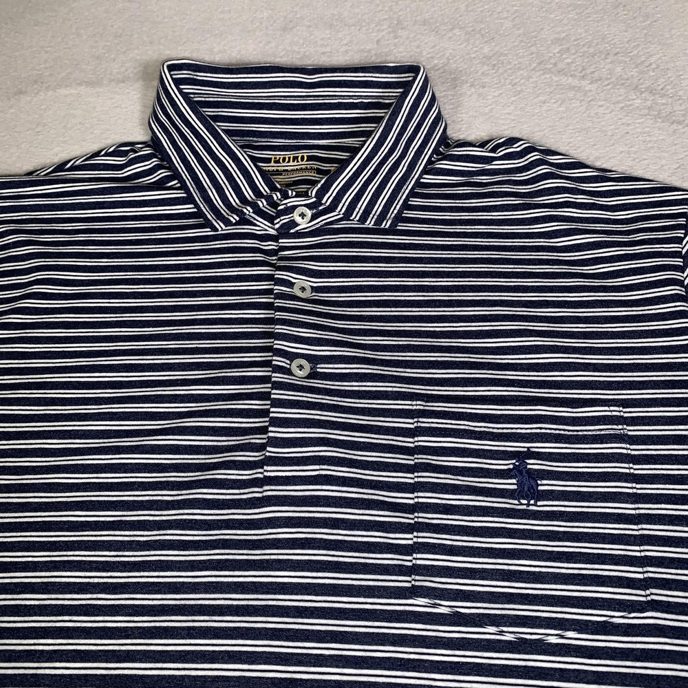 Polo Ralph Lauren Polo Shirt Mens XL Blue Striped‎ Performance Stretch Pocket